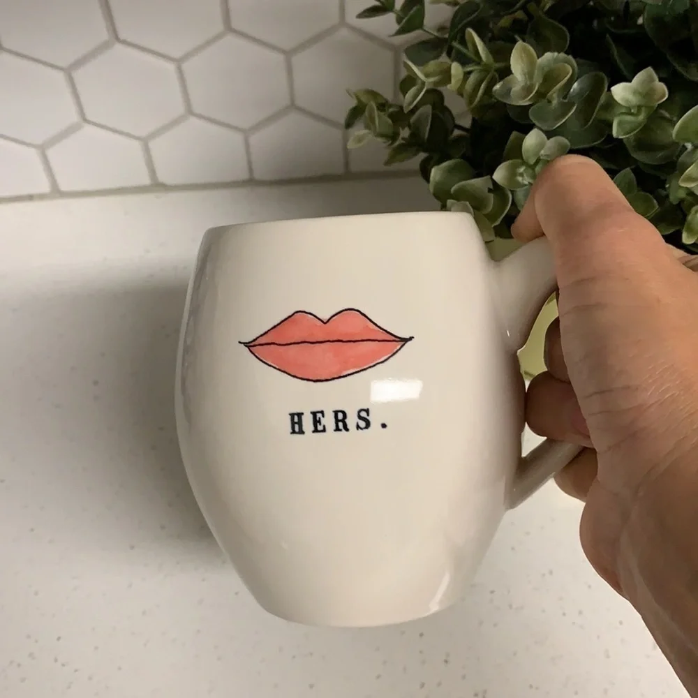 Rae Dunn Hers coffee tea‎ mugs lips valentines love gift red white.